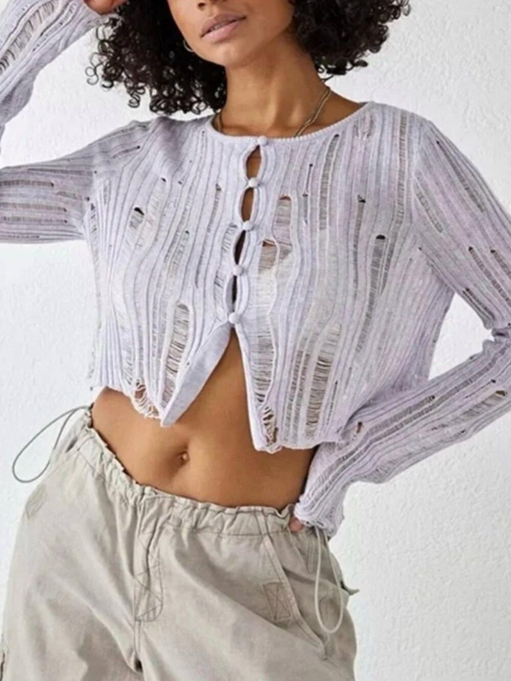 Urban Outfitters Lavender Gray Distressed Ripped Cardigan Womens Size SP